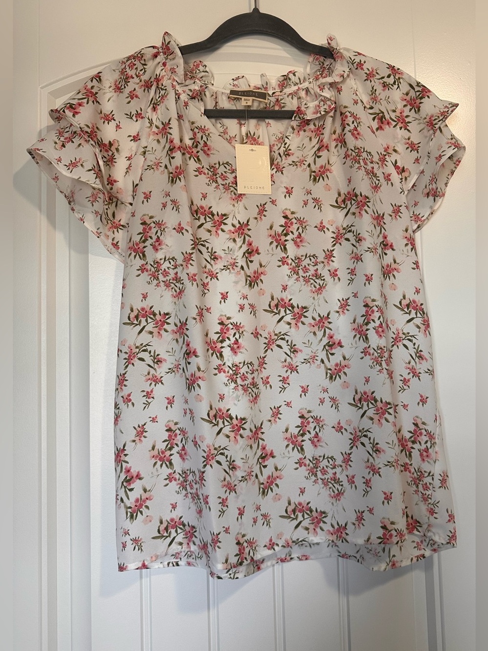 Pleione White Blouse with Pink Floral Print and Ruffle Neck
